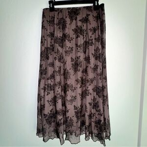 Y2K Brown Floral Overlay Long Skirt W/Brown Embossed Flowers On Tulle XS/S Flowy